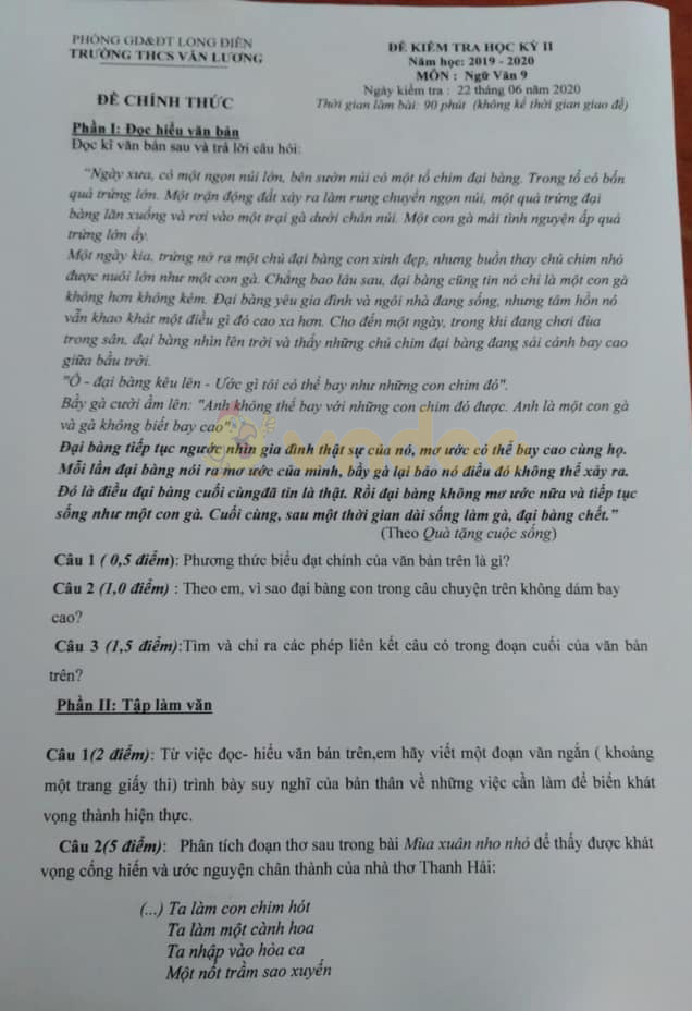 Đề thi học kì 2 lớp 9 môn Văn Trường THCS Văn Lương, Long Điền năm 2020