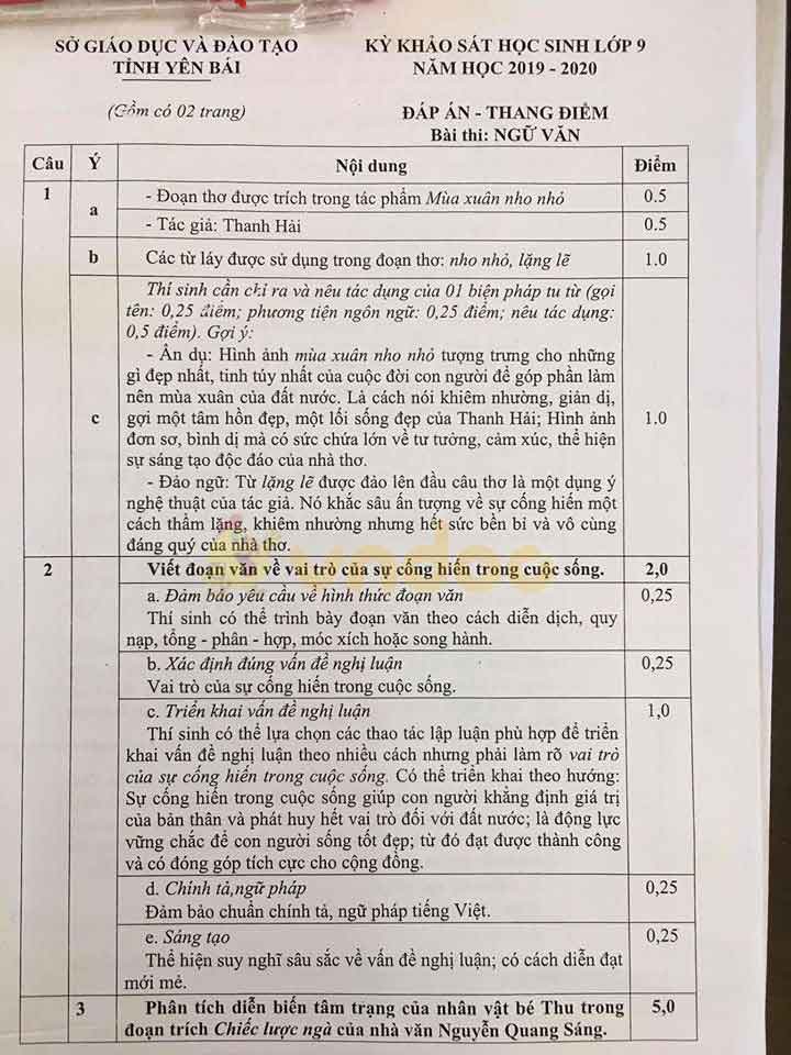 Đề thi khảo sát chất lượng lớp 9 môn Văn Sở GD&ĐT Yên Bái năm học 2019 - 2020