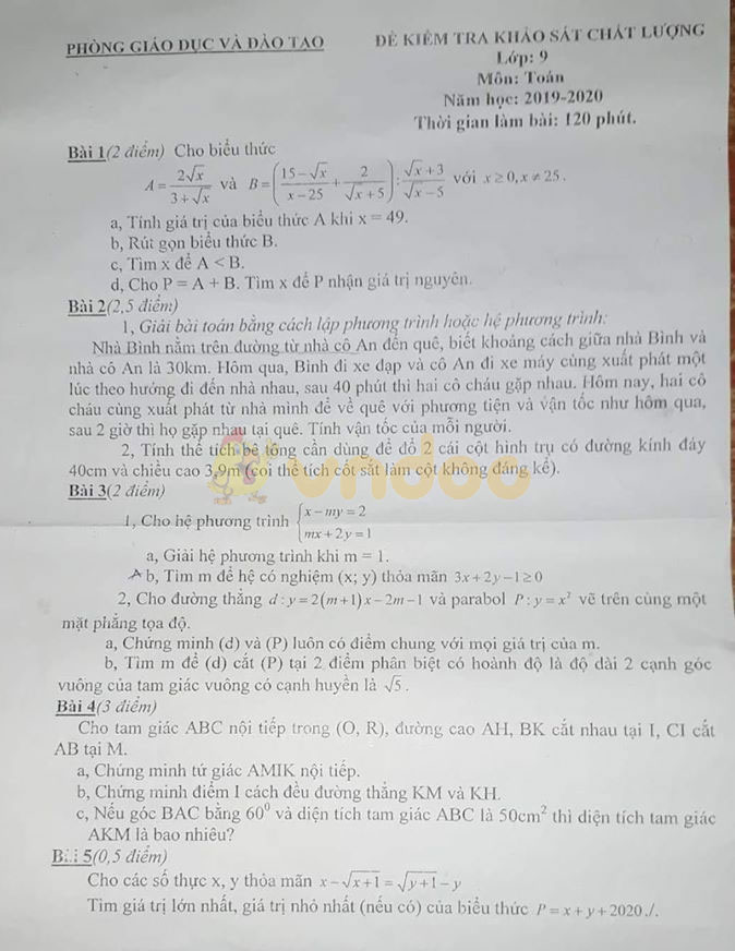 Đề thi khảo sát chất lượng lớp 9 môn Toán Phòng GD&ĐT Đông Anh năm học 2019 - 2020