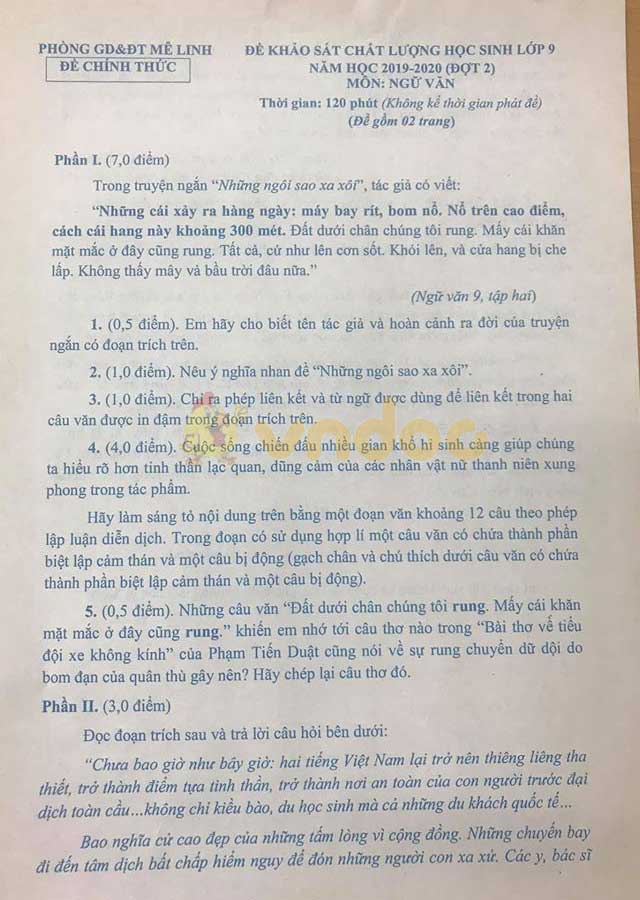 Đề thi khảo sát chất lượng lớp 9 môn Văn Phòng GD&ĐT Mê Linh năm học 2019 - 2020 (đợt 2)