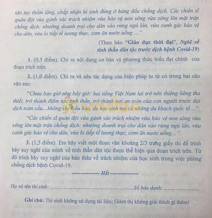 Đề thi khảo sát chất lượng lớp 9 môn Văn Phòng GD&ĐT Mê Linh năm học 2019 - 2020 (đợt 2)