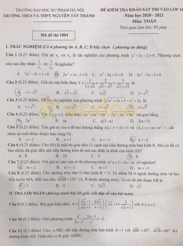 Đề thi thử vào 10 môn Toán Trường THCS & THPT Nguyễn Tất Thành, Hà Nội năm học 2020 - 2021