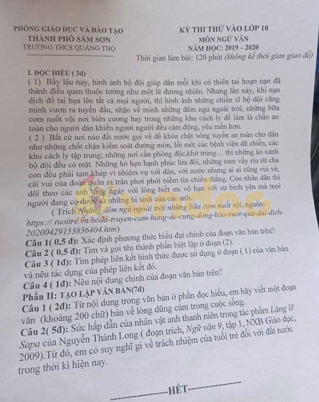 Đề thi thử vào lớp 10 môn Ngữ văn Trường THCS Quảng Thọ, Sầm Sơn năm 2020