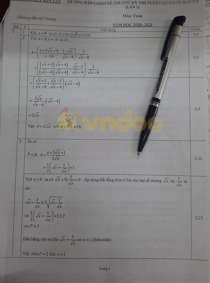 Đề thi thử vào lớp 10 môn Toán Trường THPT Sơn Tây năm 2020 (Lần 1)