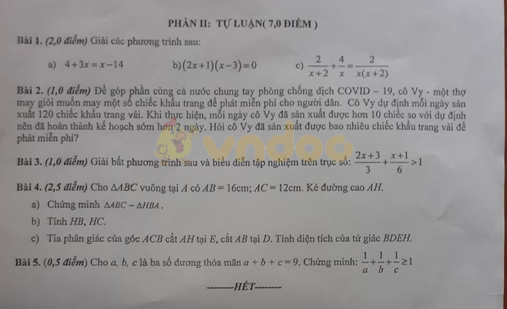 Đề thi Toán lớp 8 học kì 2 năm 2020 Phòng GD&ĐT Thị xã Mỹ Hào
