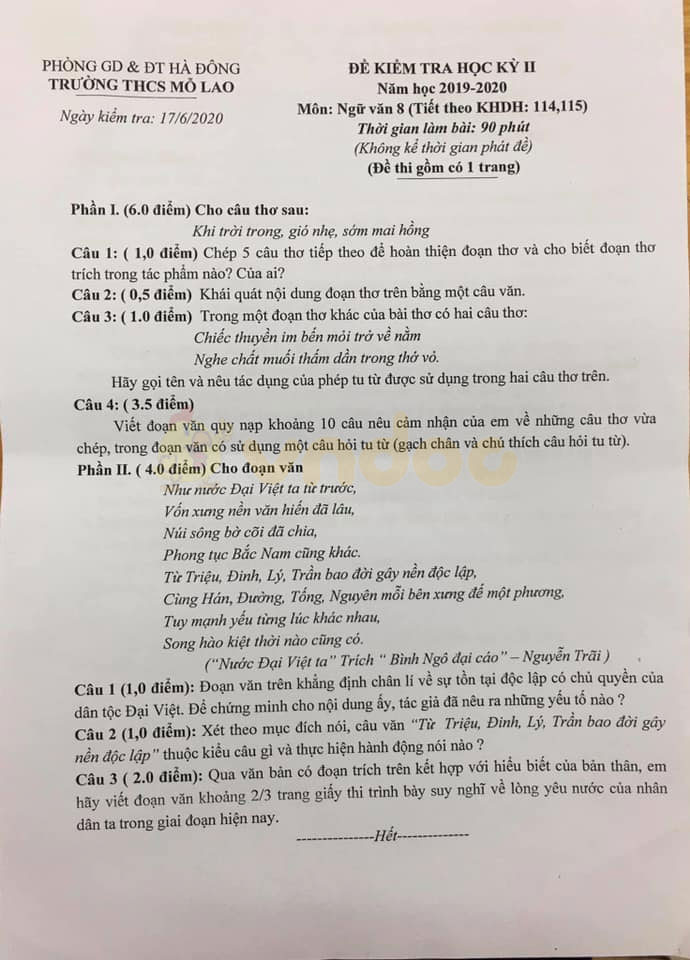 Đề thi Văn lớp 8 học kì 2 năm 2020 Trường THCS Mỗ Lao, Hà Đông