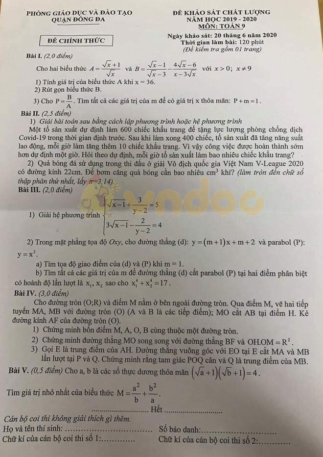 Đề thi khảo sát chất lượng lớp 9 môn Toán Phòng GD&ĐT Đống Đa năm học 2019 - 2020