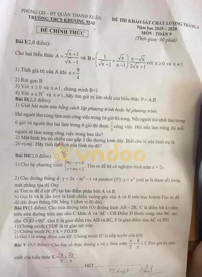 Đề thi khảo sát chất lượng lớp 9 môn Toán Trường THCS Khương Mai, Thanh Xuân năm học 2019 - 2020