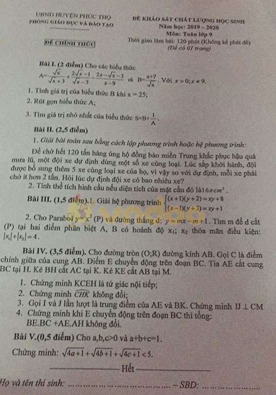 Đề thi khảo sát chất lượng lớp 9 môn Toán Phòng GD&ĐT huyện Phúc Thọ năm học 2019 - 2020