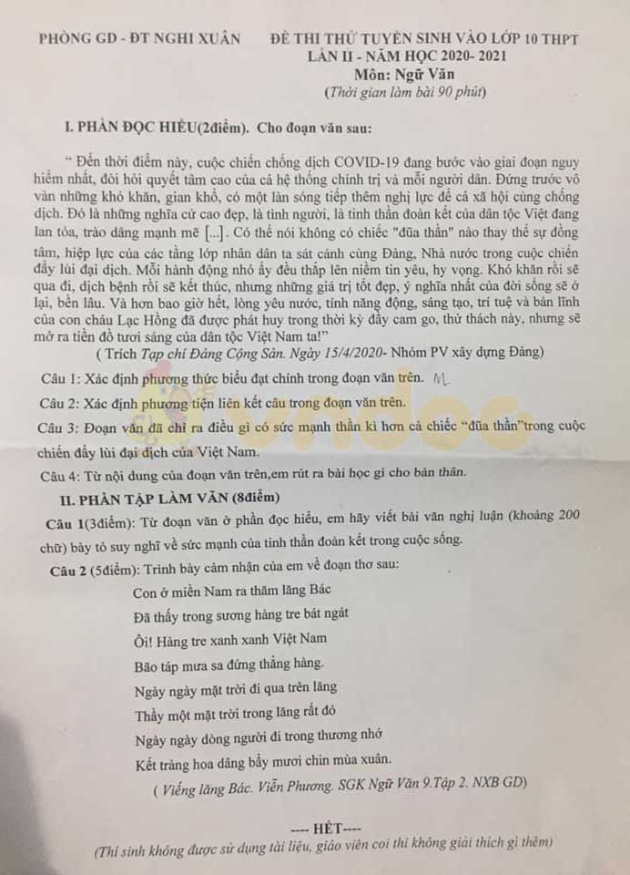 Đề thi thử vào lớp 10 môn Ngữ văn Phòng GD&ĐT Nghi Xuân năm 2020