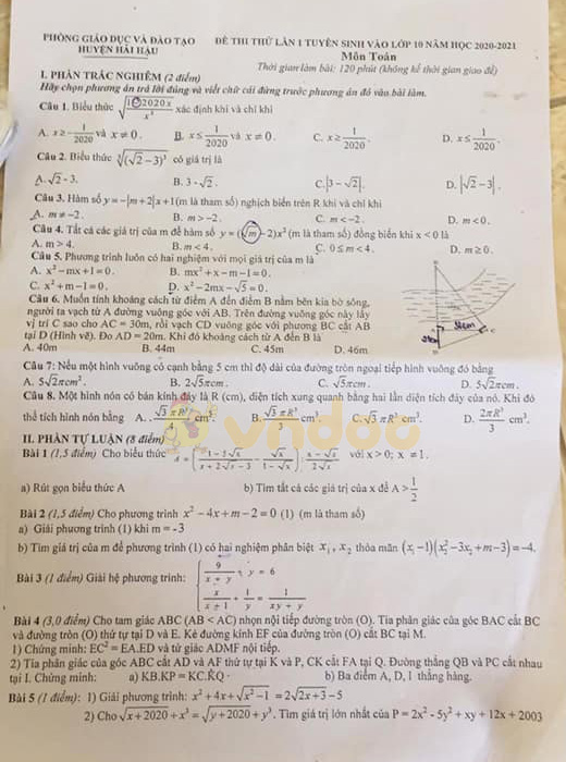 Đề thi thử vào lớp 10 môn Toán Phòng GD&ĐT Hải Hậu năm 2020