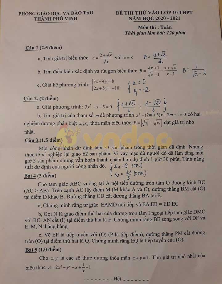 Đề thi thử vào lớp 10 môn Toán Phòng GD&ĐT Thành phố Vinh năm 2020