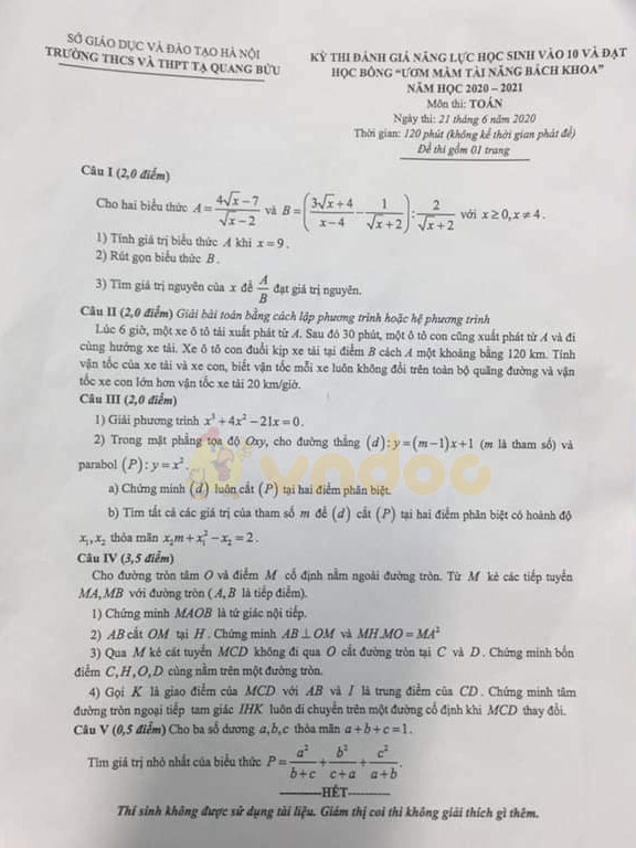 Đề thi thử vào lớp 10 môn Toán Trường THCS & THPT Tạ Quang Bửu, Hà Nội năm 2020