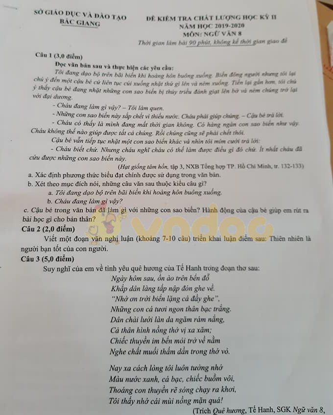 Đề thi Văn lớp 8 học kì 2 năm 2020 Sở GD&ĐT Bắc Giang