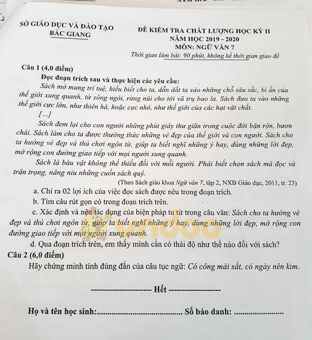 Đề thi Văn lớp 7 học kì 2 năm 2020