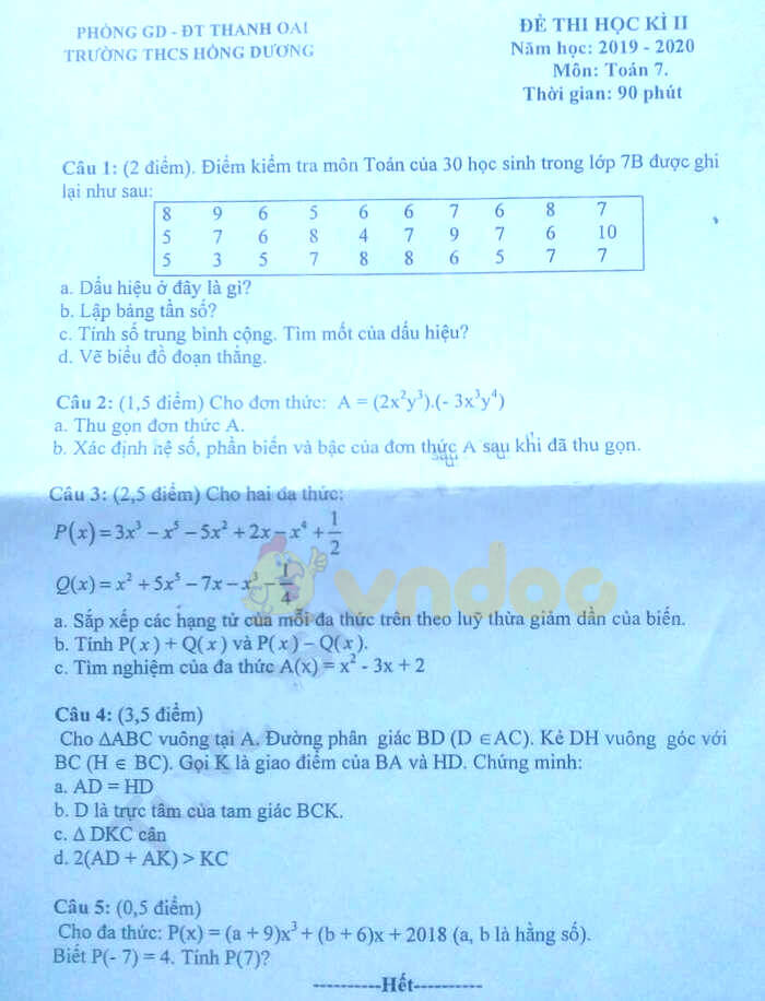 đề Thi Học Ki 2 Toan 7 Trường Thcs Hồng Dương Ha Nội Năm 19 đề Thi Toan Lớp 7 Học Ki 2 Năm Vndoc Com