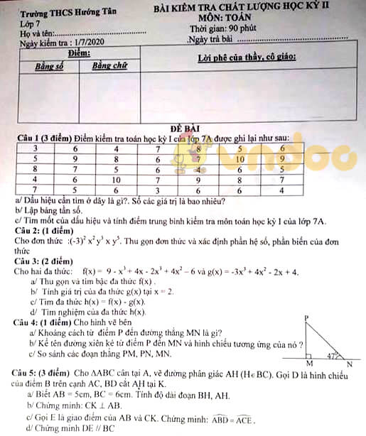 Đề thi học kì 2 Toán 7
