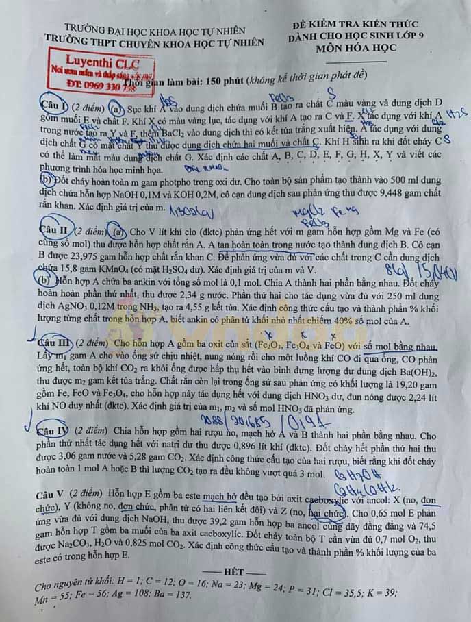 Đề thi thử vào lớp 10 môn Hóa Trường THPT Chuyên KHTN, Hà Nội năm 2020 (lần 2)