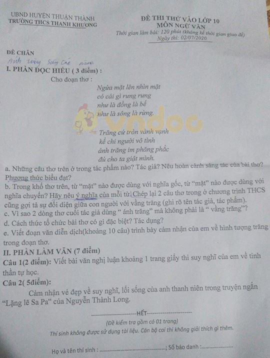 Đề thi thử vào lớp 10 môn Ngữ văn Trường THCS Thanh Khương năm 2020