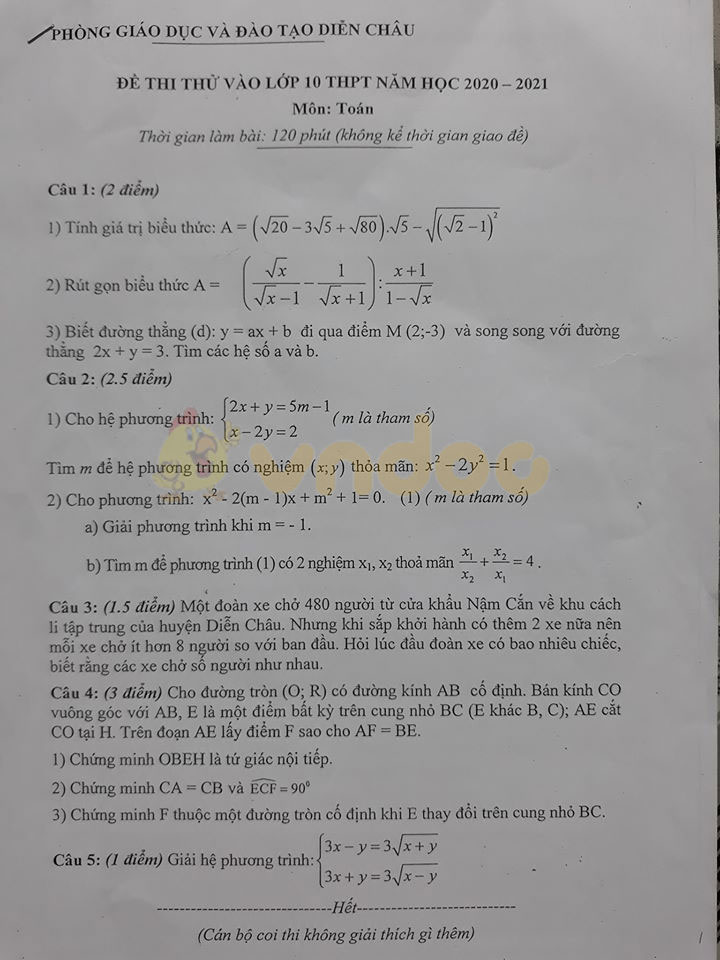 Đề thi thử vào lớp 10 môn Toán Phòng GD&ĐT Diễn Châu năm 2020