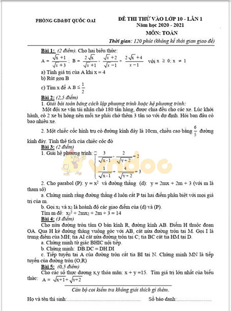 Đề thi thử vào lớp 10 môn Toán Phòng GD&ĐT Quốc Oai năm 2020 (Lần 1)