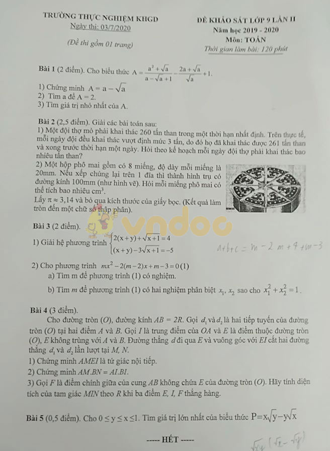 Đề thi khảo sát chất lượng lớp 9 môn Toán Trường Thực Nghiệm KHGD năm học 2019 - 2020 (lần 2)