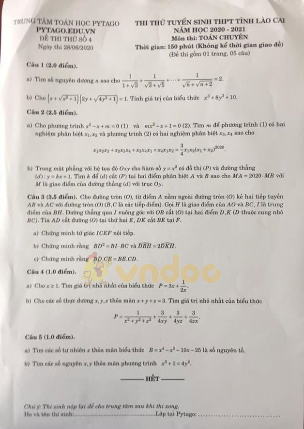 Đề thi thử vào lớp 10 môn Toán Sở GD&ĐT Lào Cai năm 2020 (Số 4)