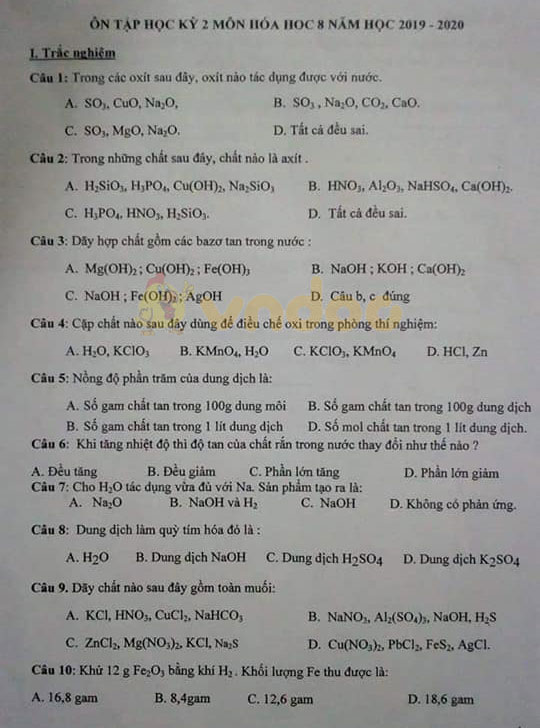 Đề cương ôn tập Hóa 8 học kì 2 năm học 2019 - 2020