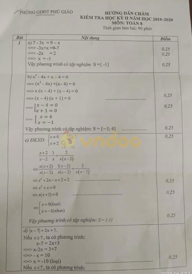 Đề thi học kì 2 lớp 8 môn Toán Phòng GD&ĐT Phú Giáo năm học 2019 - 2020