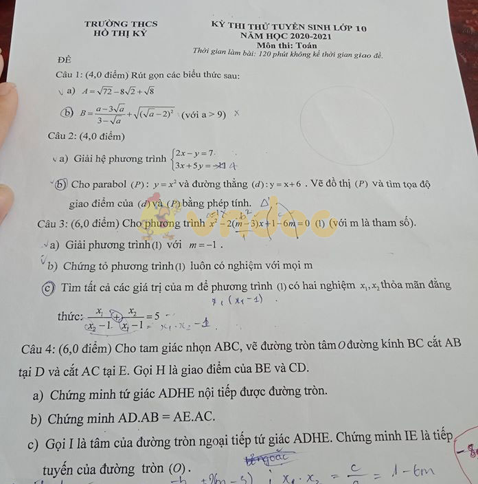 Đề thi thử vào lớp 10 môn Toán Trường THCS Hồ Thị Kỷ năm 2020