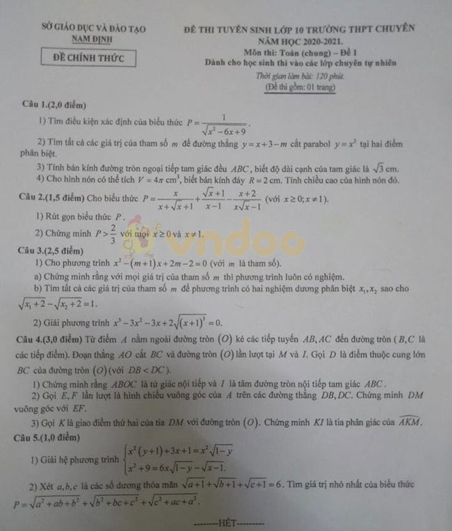 Đề thi tuyển sinh lớp 10 môn Toán chung năm 2020 Chuyên Lê Hồng Phong