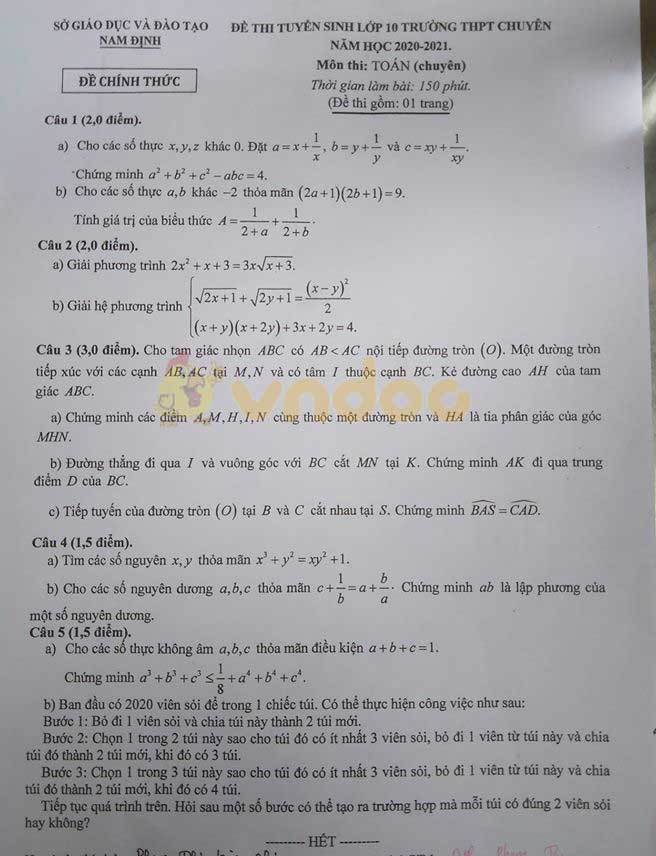 Đề thi tuyển sinh lớp 10 môn Toán chuyên năm 2020 Chuyên Lê Hồng Phong