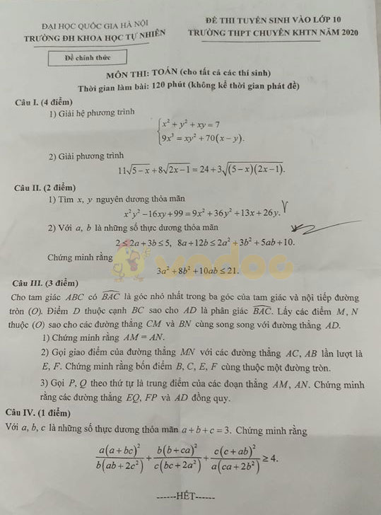 Đề thi tuyển sinh vào lớp 10 môn Toán năm 2020 Trường THPT Chuyên KHTN, Hà Nội (vòng 1)