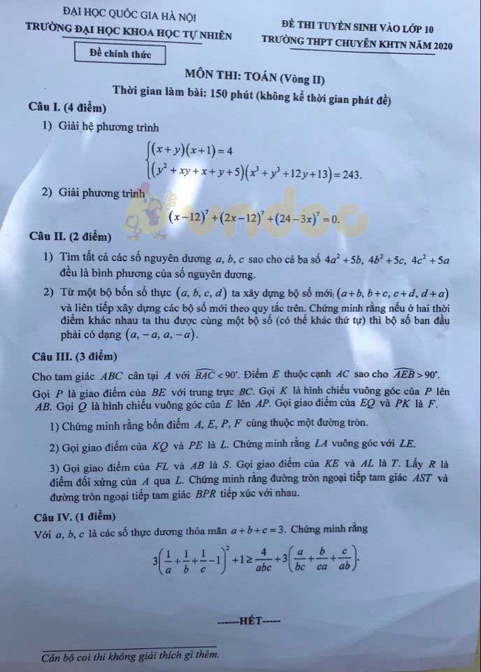 Đáp án đề thi tuyển sinh vào lớp 10 môn Toán năm 2020 Trường THPT Chuyên KHTN, Hà Nội (vòng 2)