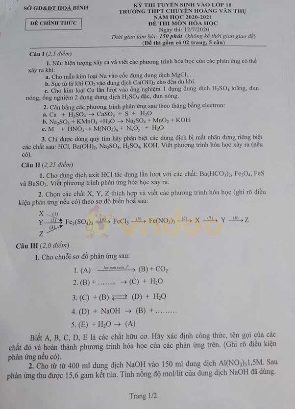 Đề thi tuyển sinh lớp 10 chuyên Hóa năm 2020 Chuyên Hoàng Văn Thụ