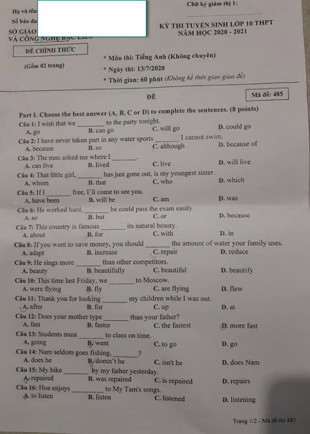 Đáp án đề thi tuyển sinh lớp 10 môn Anh Bạc Liêu năm 2020