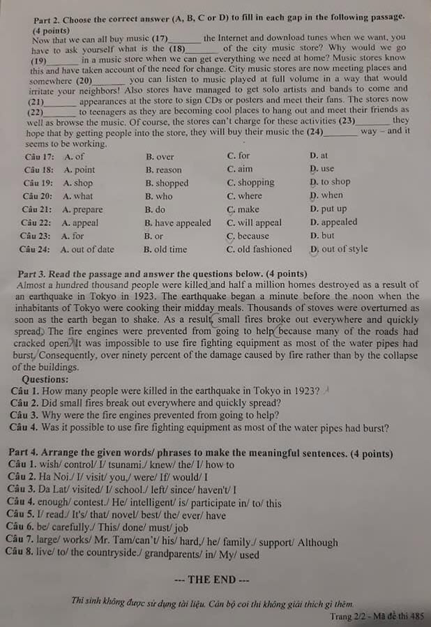 Đáp án đề thi tuyển sinh lớp 10 môn Anh Bạc Liêu năm 2020