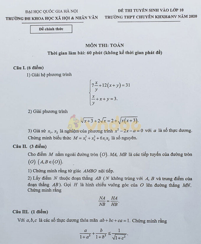 Đề thi tuyển sinh lớp 10 môn Toán chuyên năm 2020 KHXH&NV