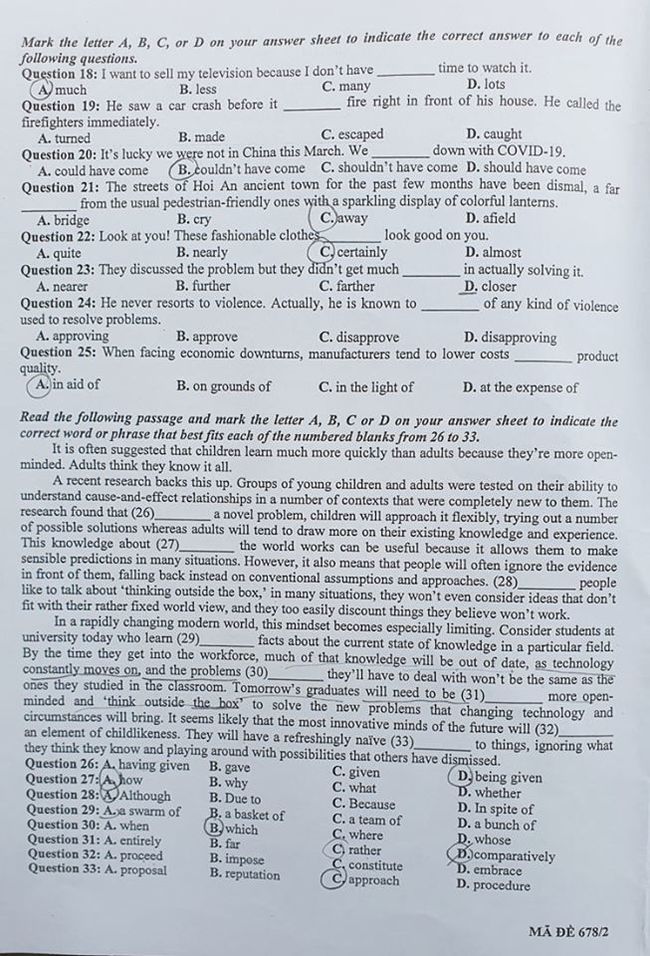 Đáp án đề thi tuyển sinh vào lớp 10 môn Anh Chuyên KHXH&NV 2020