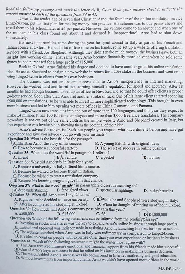Đáp án đề thi tuyển sinh vào lớp 10 môn Anh Chuyên KHXH&NV 2020