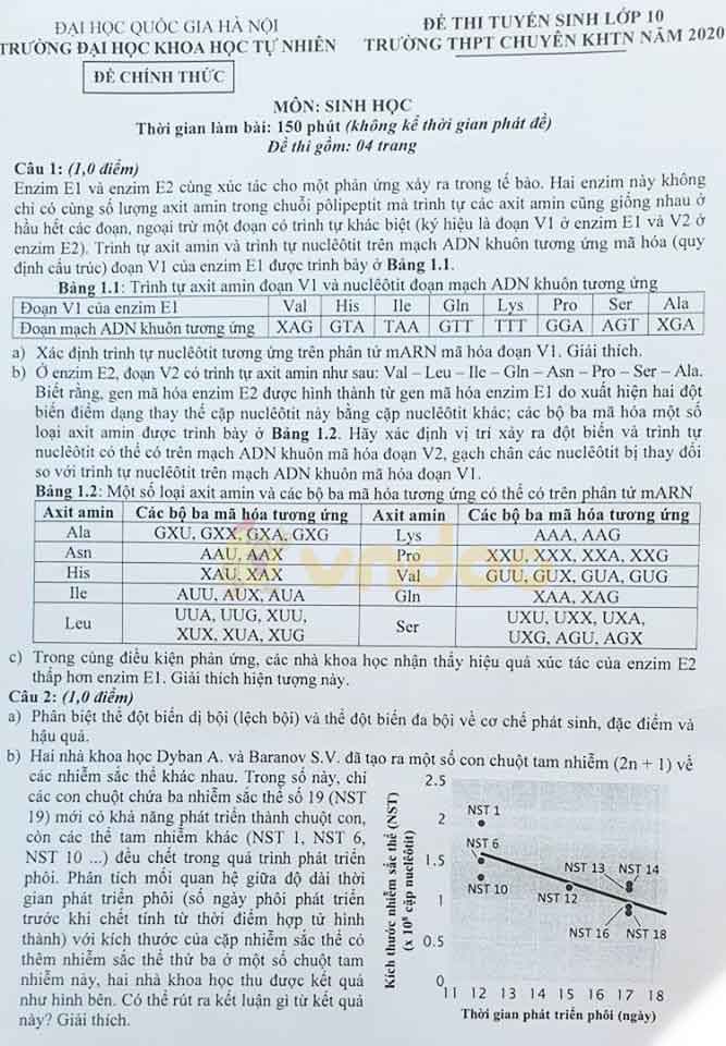 Đề thi tuyển sinh vào lớp 10 môn Sinh năm 2020 Trường THPT Chuyên KHTN