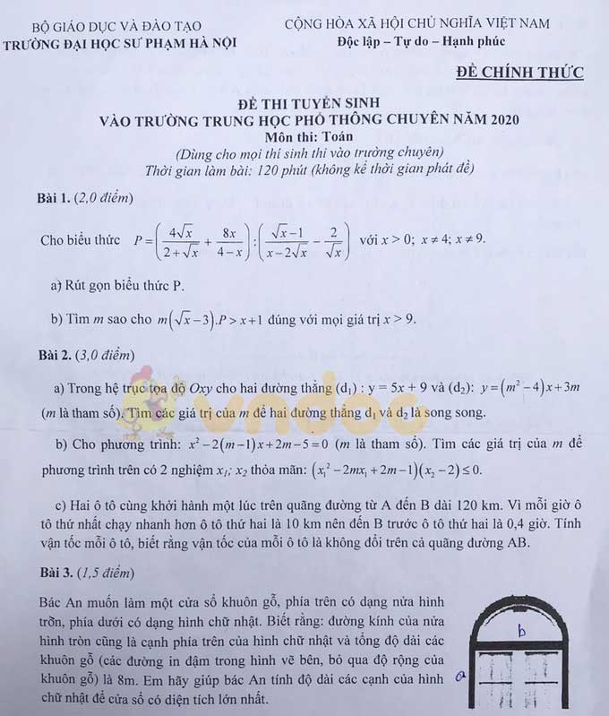 Đề thi tuyển sinh lớp 10 môn Toán chuyên năm 2020 THPT Chuyên Sư Phạm Hà Nội