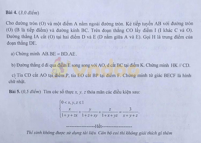 Đề thi tuyển sinh lớp 10 môn Toán chuyên năm 2020 THPT Chuyên Sư Phạm Hà Nội