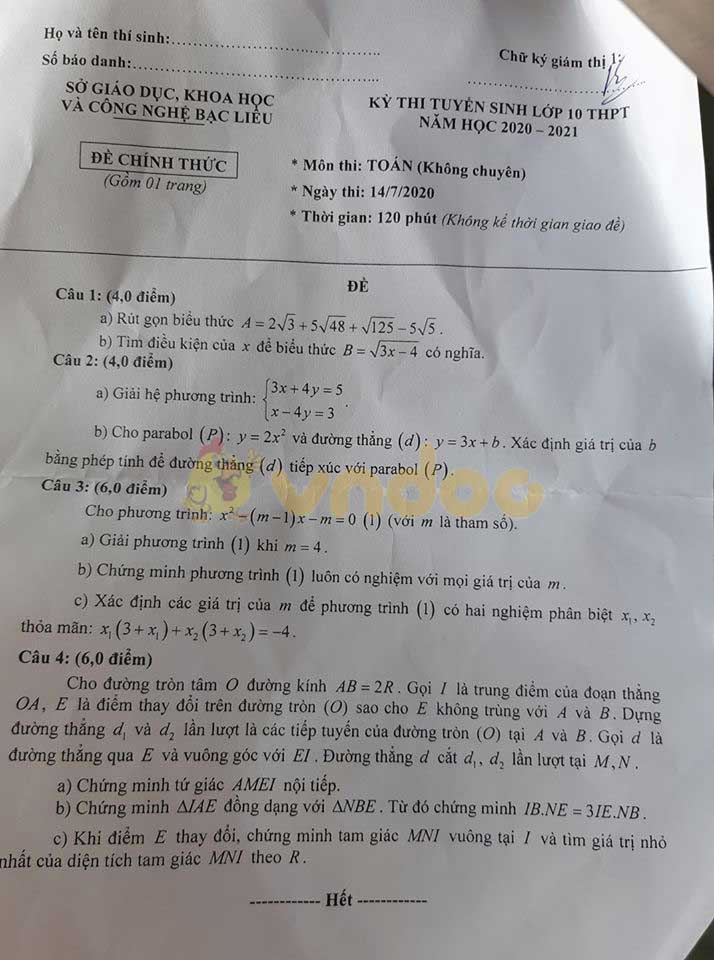 Đáp án đề thi tuyển sinh lớp 10 môn Toán tỉnh Bạc Liêu năm 2020