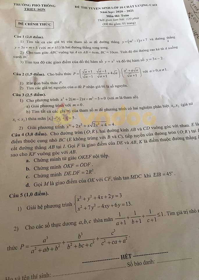 Đề thi khảo sát chất lượng lớp 10 môn Toán trường THPT Triệu Sơn năm học 2019 - 2020