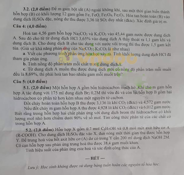 Đề thi tuyển sinh lớp 10 chuyên Hóa năm 2020 tỉnh Bạc Liêu