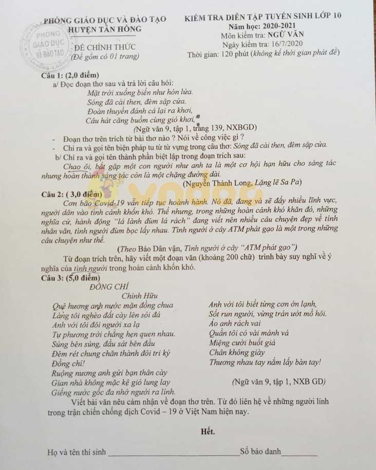 Đề thi thử vào lớp 10 môn Ngữ văn Phòng GD&ĐT huyện Tân Hồng năm 2020