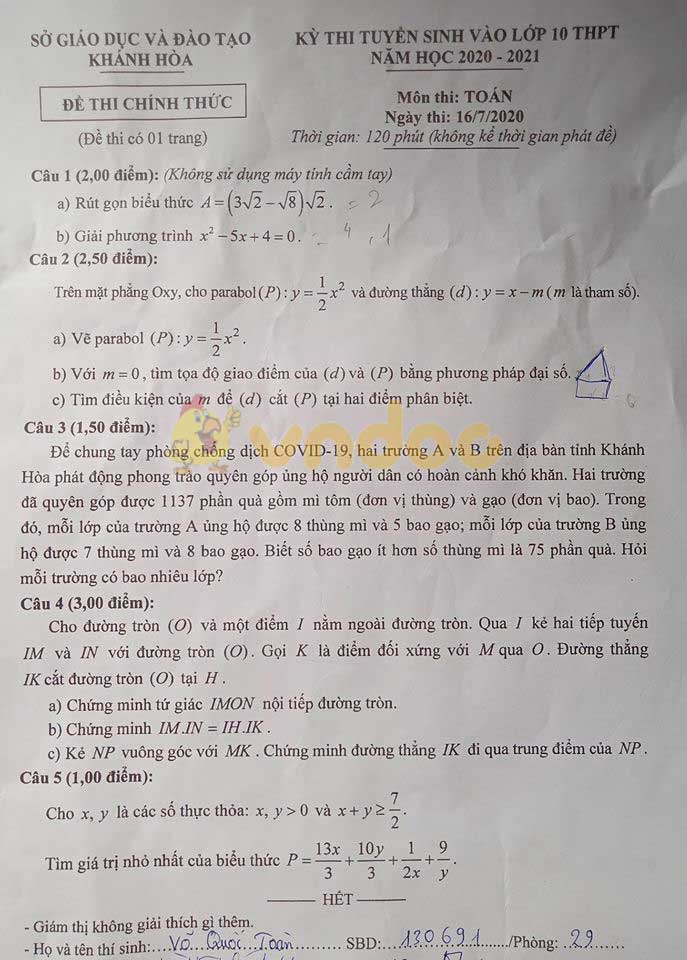 Đáp án đề thi tuyển sinh lớp 10 môn Toán tỉnh Khánh Hòa năm 2020