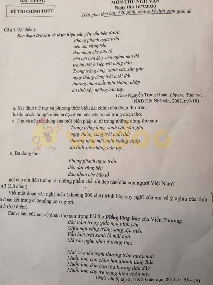 Đáp án đề thi tuyển sinh lớp 10 môn Văn tỉnh Bắc Giang năm 2020