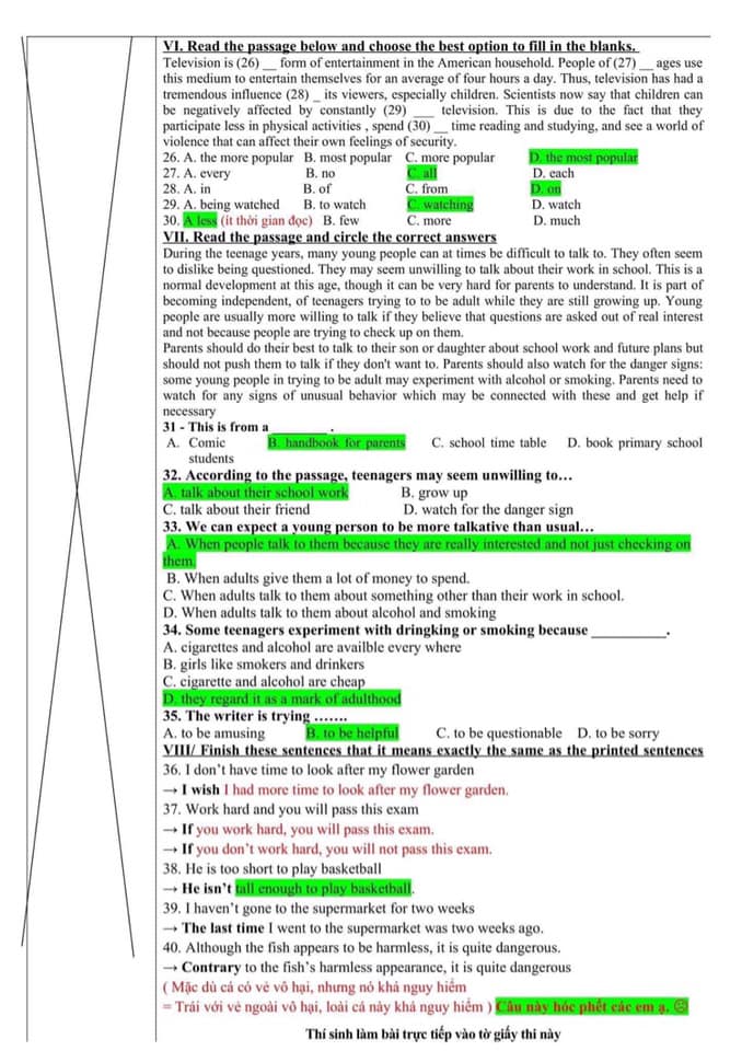 Đáp án Đề thi tuyển sinh lớp 10 môn Anh Quảng Ninh năm 2020
